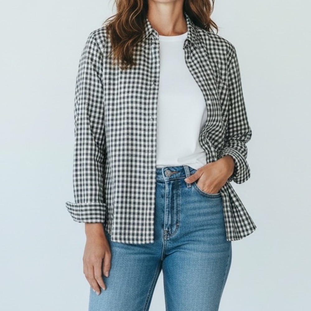 John Varvatos women’s plaid checkered dressy button down shirt size M